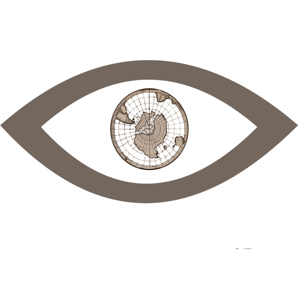 Outline of eye with a map view of latitude and longitude converging on Antarctica as the iris