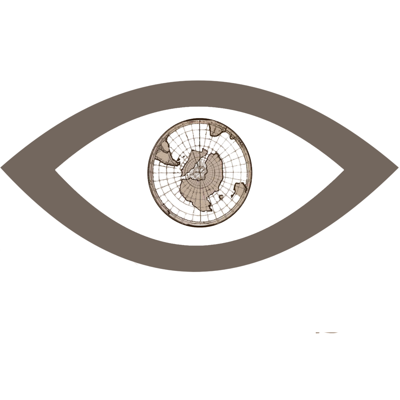 Outline of eye with a map view of latitude and longitude converging on Antarctica as the iris
